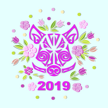 Boar or Pig Head isolated on background with flowers. Pig or Boar head as logo, badge, icon. Template for party invitation, greeting card, pet shop, web. Symbol of Chinese New Year 2019.