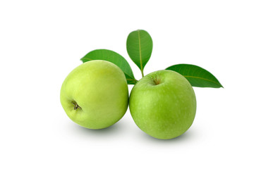 Whole green apple and half with leaf isolated on white background as package design element. this has clipping path.