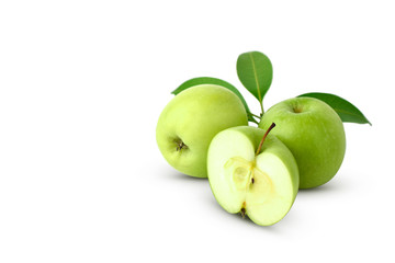 Whole green apple and half with leaf isolated on white background as package design element. this has clipping path.