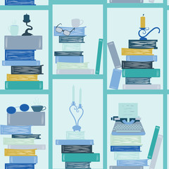 Library Book Shelf Background. Books and Knowledge. Education Library Book Store Concept. Vector Flat illustration. seamless pattern, bookshelf writer. books, candles, glasses, typewriter.