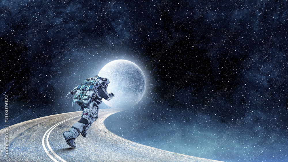 Wall mural running spaceman and galaxy. mixed media