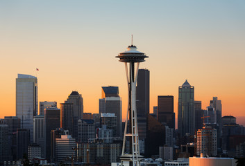 Seattle, Washington, / USA - 08/30/2013, Seattle downtown skyline at sunset including the iconic Space Needle