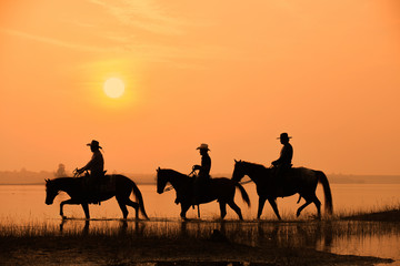 cowboy and horse with sunset background