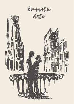 Loving Couple Standing Bridge Drawn Vector Sketch