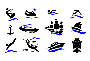 Sport. Water sports. Active holiday by the sea. The icons set. Vector illustration isolated on white background.