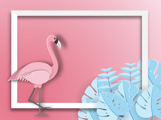 Obraz premium Tropikalny liść i baner lato Flamingo, papier graficzny tło