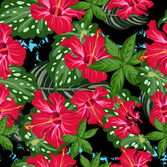 tropical flowers and leaves. seamless pattern