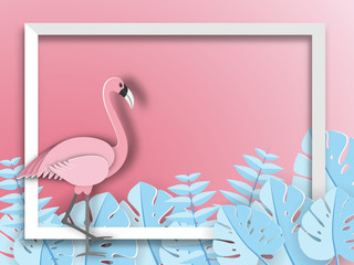 Tropical leaf and Flamingo Summer Banner,Paper art graphic Background