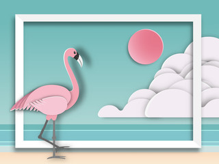 Flamingo on beach background,Paper art graphic Background