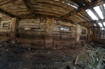 Fototapeta na wymiar Abandoned ruined milk farm in 1 kilometer near Chernobyl area border 