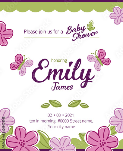 Baby Shower Invitation With Flowers And Butterflies Stock Image And