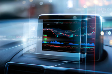 Stock market data display on virtual screen in the car on city background. Abstract finance design. Financial investment concept.