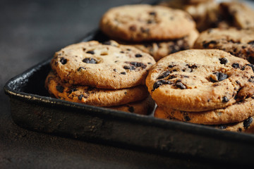 Fresh homemade chocolate cookies baking tray close up