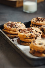 Close up homemade chocolate cookies baking tray