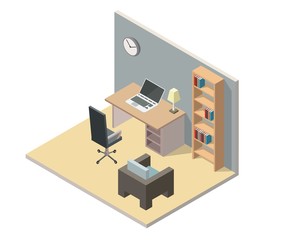 Home office low poly isometric interior vector illustration cabinet