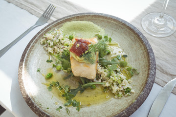 Close-up of garnished food served in plate