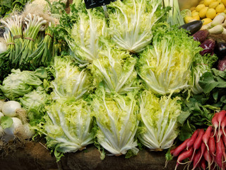 Fresh green vegetables at the market hall in Valencia, Spain.