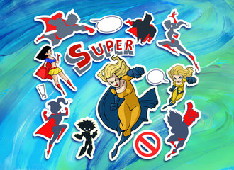 Bright and colorful cartoon set of funny and awesome superheroes stickers in cool costumes
