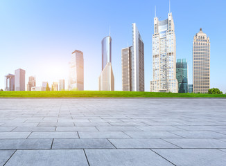 panoramic skyline and buildings with empty square floor in shanghai,China
