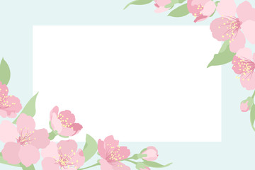 Fototapeta na wymiar Cherry sakura tree blossom. Rectangular border frame card template. Corners decorated with pink blooming flowers. Light blue white background. Placeholder for text title. Vector design illustration.