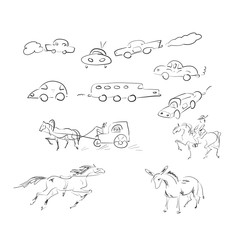 Different sketches of cars and horses on white background. Abstract drawing machines in a variety of shapes. 