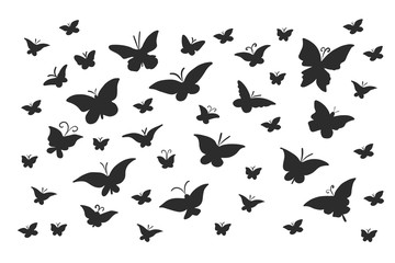 Naklejka na ściany i meble Butterflies are black on white background. Patterned insects isolated. 