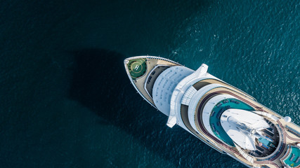 Aerial view beautiful large cruise ship at sea, Big blue passenger cruise liner ship vessel sailing...