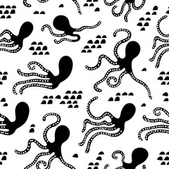 Seamless pattern with octopus. Scandinavian style. Stock vector. Perfect for fabric, textile. Vector background. Black and white style.
