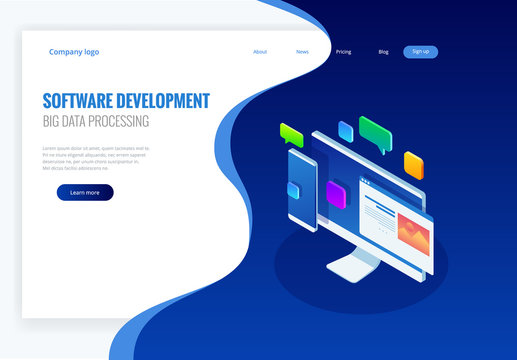 Developing programming and coding technologies concept. Website design. Big data processing, computing isometric vector illustration