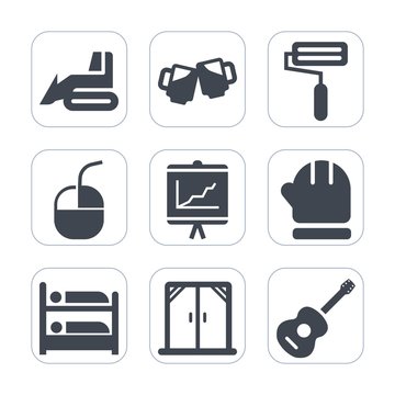 Premium fill icons set on white background . Such as window, guitar, winter, lager, device, hydraulic, industry, foam, bar, roll, season, bulldozer, drink, machinery, scarf, internet, mouse, music