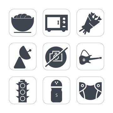 Premium fill icons set on white background . Such as bouquet, salt, bowl, music, antenna, food, oven, camera, empty, baby, musical, guitar, signal, plate, care, dishware, newborn, traffic, spice, no