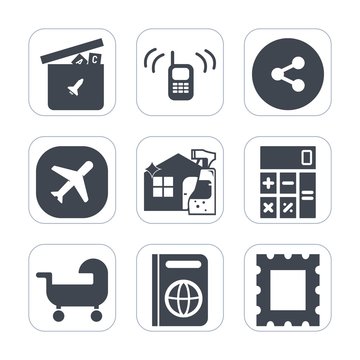 Premium fill icons set on white background . Such as communication, social, technology, finance, media, border, bear, picture, connection, spray, aircraft, support, tourism, telephone, share, child