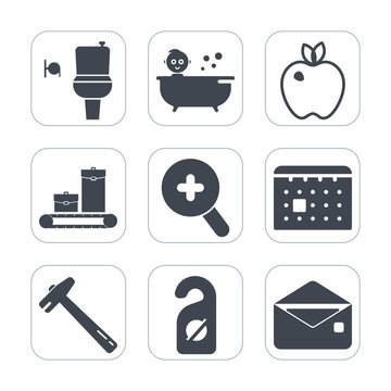 Premium fill icons set on white background . Such as sign, bag, schedule, wc, travel, label, communication, restroom, glass, hammer, fruit, boy, tool, care, privacy, male, healthy, luggage, message