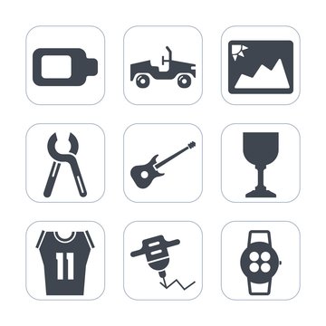 Premium fill icons set on white background . Such as musical, image, basketball, picture, machine, sign, service, repair, sport, blank, automobile, battery, photo, charger, shirt, drill, tool, power