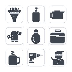 Premium fill icons set on white background . Such as equipment, weapon, energy, bag, japan, soap, floral, chat, japanese, bath, briefcase, plant, hot, power, health, idea, blossom, bulb, coffee, phone