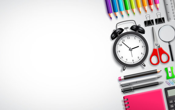 Back to school vector background template with school items and set of office supplies in white background with empty white space for text about education. Vector illustration.
 - Powered by Adobe