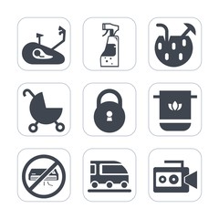 Premium fill icons set on white background . Such as bottle, cloth, drink, bicycle, film, pram, train, housework, child, spray, camera, van, conditioner, stroller, mountain, glass, wheel, party, sign