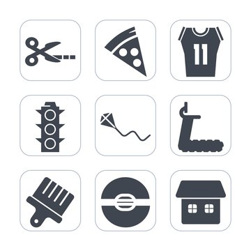 Premium fill icons set on white background . Such as sign, cheese, brush, cut, summer, fun, joy, restaurant, gym, light, basketball, shirt, label, food, tool, road, black, traffic, white, house, team