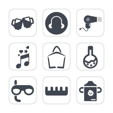 Premium fill icons set on white background . Such as equipment, black, foam, hairdresser, , technology, sign, beauty, musical, drink, sale, music, hairdryer, white, bag, nutrition, plastic, laboratory