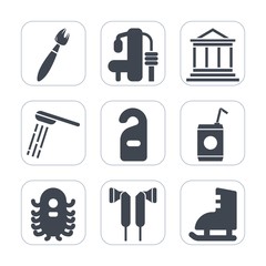Premium fill icons set on white background . Such as privacy, glass, hotel, machine, exercise, healthy, financial, audio, gym, fitness, finance, music, building, hygiene, label, monster, bath, paint