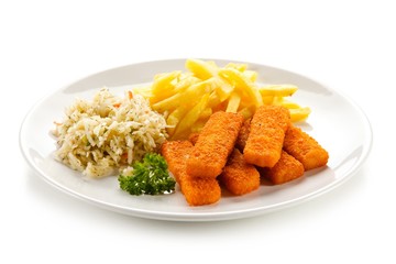 Fried fish sticks with french fries on white background