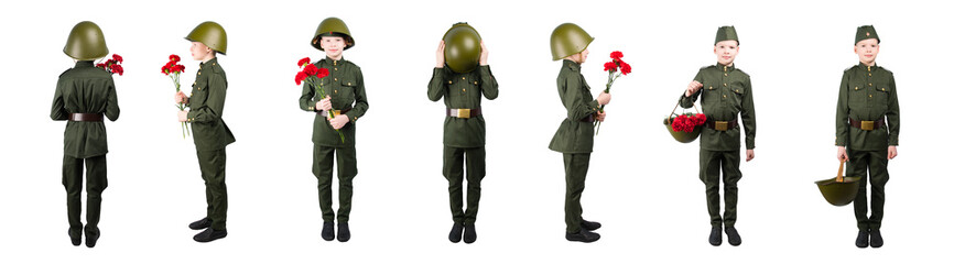 boy in military uniform holds flowers 7 positions in a row, isolate on white