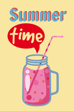 Summer time template jar with smoothie in bright colors, vector, isolated