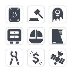 Premium fill icons set on white background . Such as cabinet, paper, alien, currency, judge, boat, business, dollar, space, fiction, science, monster, ocean, character, file, gambling, sign, casino