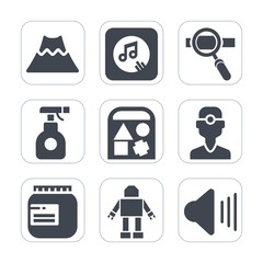 Fototapeta premium Premium fill icons set on white background . Such as melody, up, active, landscape, sign, pesticide, jar, chemical, volume, sound, lava, mountain, spray, toy, travel, marketing, robot, research, seo