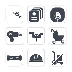 Premium fill icons set on white background . Such as transport, elegance, bow, tie, microphone, horse, aircraft, work, transportation, plane, dryer, hat, child, id, identification, radio, airplane