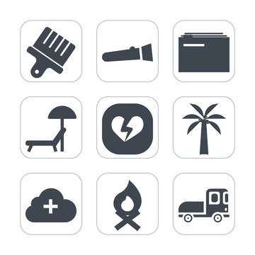 Premium fill icons set on white background . Such as object, transport, internet, bonfire, bulb, love, bright, , light, stroke, white, torch, electric, cloud, information, summer, heart, document, art