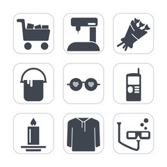 Premium fill icons set on white background . Such as sport, fashion, tailor, decoration, telephone, sale, buy, bouquet, retail, flower, clothing, house, glasses, tool, phone, light, interior, scuba