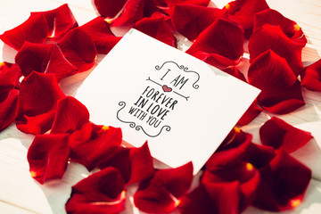 Valentines message against card surrounded by rose petals