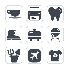 Premium fill icons set on white background . Such as plane, drink, cappuccino, barbecue, fashion, espresso, print, meat, leather, dental, paper, beverage, background, hot, home, dentist, airplane, mug
